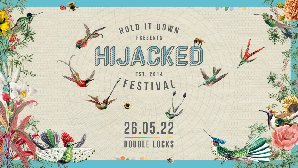 Artwork created for Hijack Festival 2022 by Nigel Pennington, developed for a DJ-led festival featuring multiple areas, food and independent stalls.
