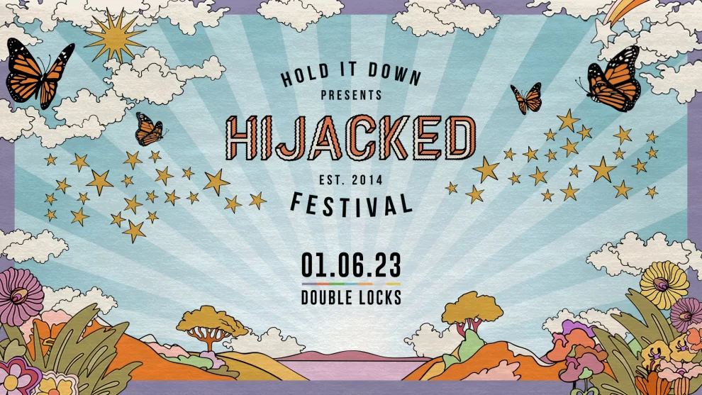 Artwork created for Hijack Festival 2023 by Nigel Pennington, developed for a DJ-led festival featuring multiple areas, food and independent stalls.
